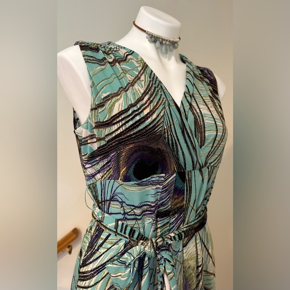 Kasper Beautiful Colors Peacock Feather Maxi V Neck Tie In Front Dress SZ PM - Picture 5 of 13